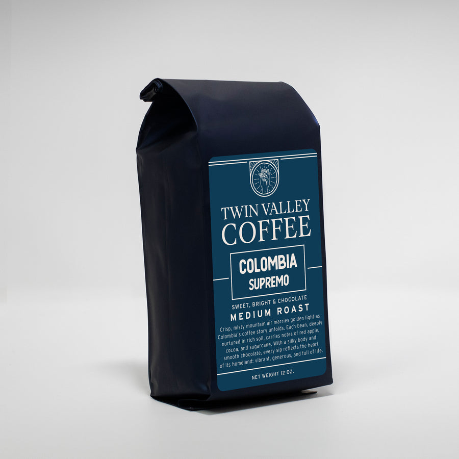 Twin Valley Coffee Colombia Supremo coffee bag on a white background